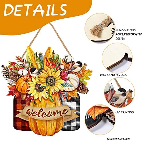 Capoda Fall Floral Welcome Sign Thanksgiving Wooden Hanging Door Sign Autumn Pumpkin Harvest Hanger Fall Welcome Decoration for Farmhouse Home Yard Seasonal Holiday Outdoor Decor,12nch(Plaid Style)