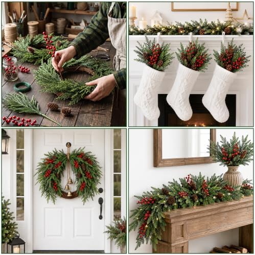 JOICEE 24Pcs Real Touch Norfolk Pine Branches with Pinecones Red Berries