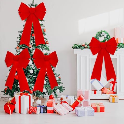 12 PCS Christmas Decorations, 12 x 18 Inches Large Christmas Bows, Red Velvet PVC Indoor Outdoor Christmas Tree Bows Wreath Bow Party Supplies Xmas Ornaments for Door Fireplace Stairs Railing