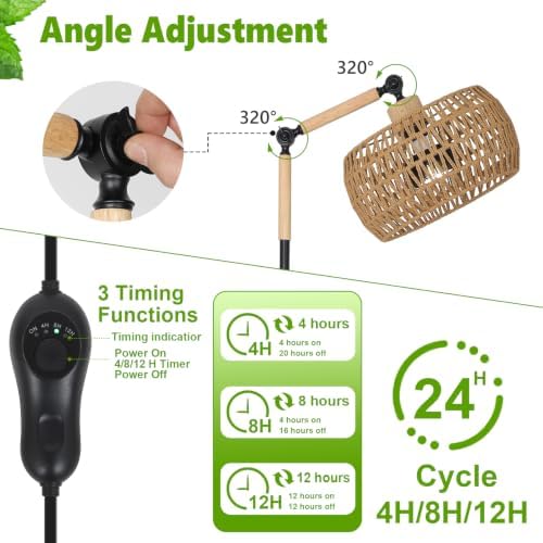 HMVPL Grow Lights for Indoor Plants Full Spectrum, Plant Lights for Indoor Growing with 20W COB Grow Blub, Rattan Shade, Timer, Standing Tall Grow Lamp for Middle Large Plants(75'', Height Adjustable)