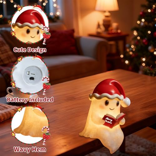 QETRABONE Christmas Ghost Reading Book Lamp, Cute Ghost Figurine Statue