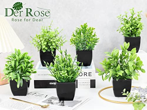 Der Rose 6 Pack Mini Fake Plants in Black Pots, 7" Bathroom & Desk Decor