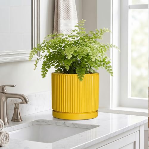 Ceramic Planter 8 Inch, Round Flower Pots with Saucer, Yellow
