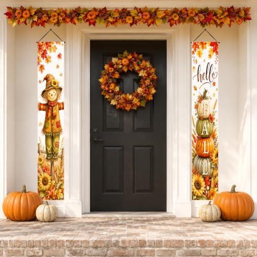 IVN Fall Scarecrow Pumpkin Tower Porch Banners 12x71 Inch Set of 2