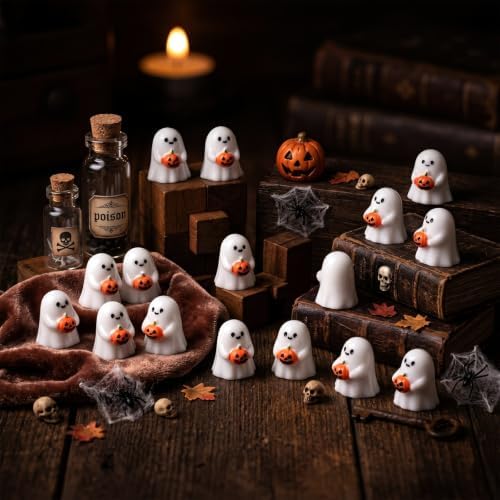 Thyle 50pcs Halloween Decorations Mini Ghost Pumpkin Resin Figurines Cute
