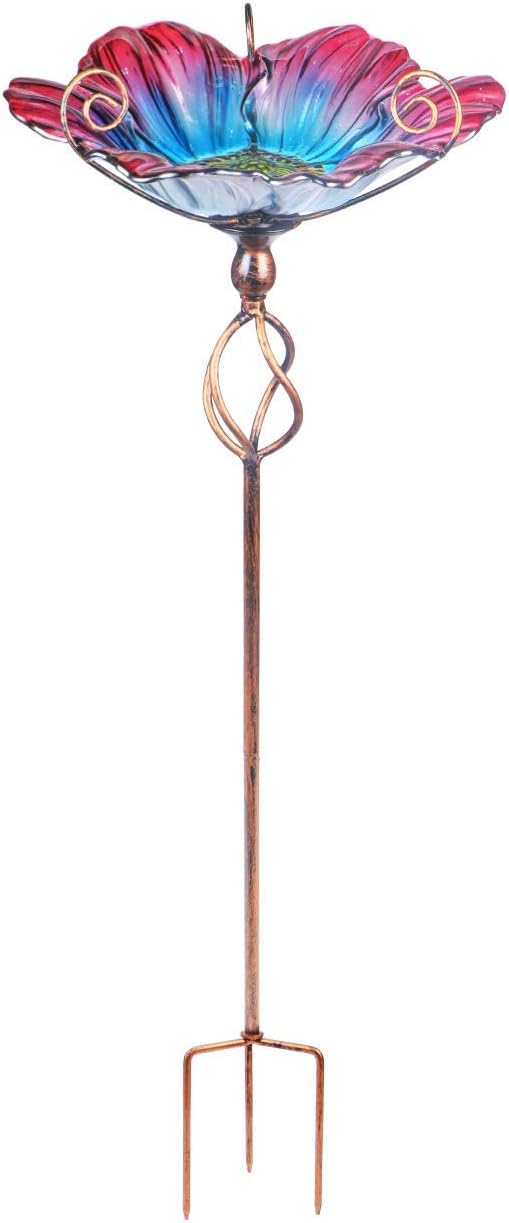 Glass Birdbath Birdfeeder with Metal Stake Garden Yard Outdoor | 31inch height stain glass bird bath for outside