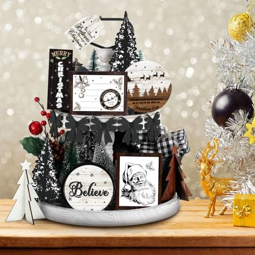 FairySandy 15 Pcs Christmas Tiered Tray Decor Christmas Wooden Sign Decor