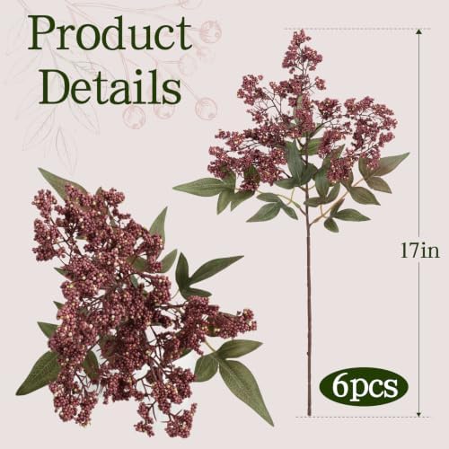 6Pcs 17'' Artificial Nandina Berry Stems Muted Burgundy Branches Home Decor