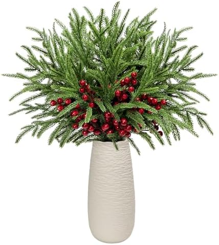 Norfolk Pine Branches Red Berry Stems 17" Artificial Christmas Greenery Picks Fake Pine Needles with Holly Berries for Xmas Tree Filler Decorations Festival Holiday Vase DIY Garland Craft (8, Green)