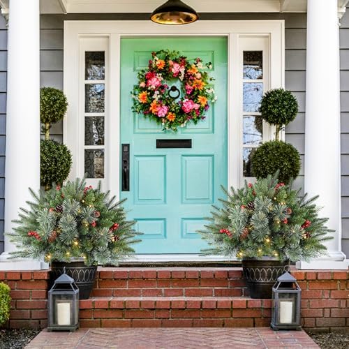 1 Pcs 30 Inch Christmas Tree Green Outdoor Planter Pots Filler Prelit Xmas Pine Trees with Cones and Red Berries 50 Warm White LED with 8 Light Modes and Timer for Yard