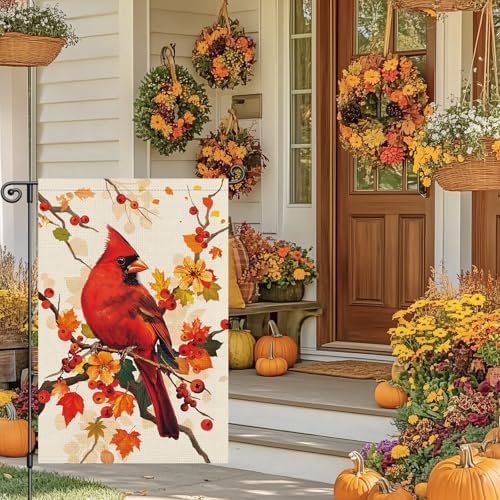 Louise Maelys Fall Cardinal Garden Flag Maple Bird Welcome 12x18 Inch Double Sided Seasonal Autumn Small Burlap Thanksgiving Holiday Yard Sign Outside Outdoor House Decoration