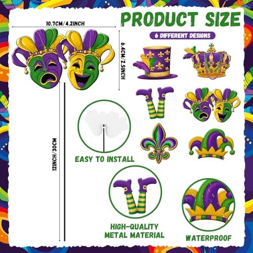 Shimeyao 6 Pcs Mardi Gras Metal Garden Stakes Mardi Gras Carnival Metal Garden Signs Yard Stakes Outdoor Decor for Carnival Party Home Lawn Porch Holiday Front Backyard