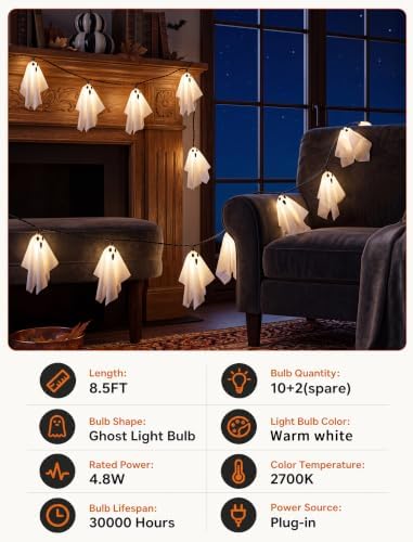 Halloween Ghost String Lights Outdoor, White Fabric Hanging Ghost Lights