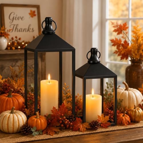 2 Pcs Black Decorative Metal Lanterns Farmhouse Lantern Decor with Candles