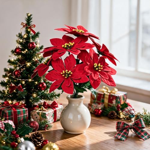 8 Pack Artificial Poinsettia Flowers, Large Red Velvet Poinsettia Bush Stems 11.8 Inch with 7 Flower Heads, Faux Xmas Flowers Picks with Green Leaves for Christmas Tree, Wreath, Garland, Vase Décor
