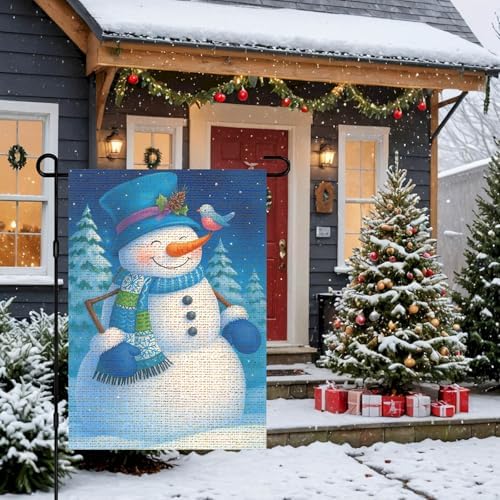 IVN Merry Christmas Burlap Garden Flag 12x18 Inch Snowman with Blue Hat and Bird Flag Double Sided Outdoor Yard Banner for Porch Lawn Patio Decor