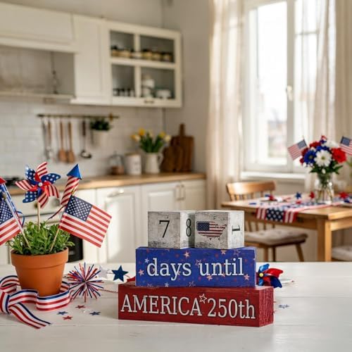Smile Patriotic 250th Anniversary Countdown Calendar - Wooden Blocks Decor with Days Until Sign, 4th of July & Memorial Day Tiered Tray Decor, American Holiday Home Decor