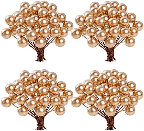 Lystaii 200pcs Artificial Holly Berries Mini 10 mm Christmas Fake Berries with Wire Stems Artificial Berry Fake Berry Stems Picks for Christmas Tree Decorations Wreath Craft Wedding Party Decor (Gold)