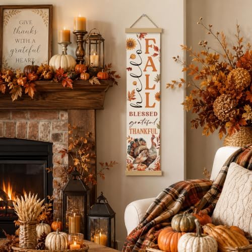 Fall Porch Decor Banner, Blessed Turkey Canvas Banner for Harvest Party