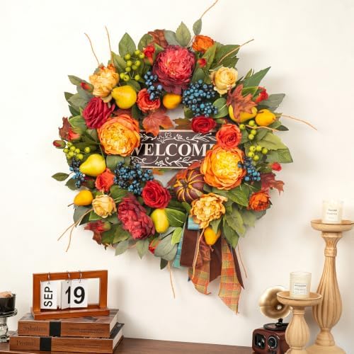 Fall Wreaths for Front Door, 24 in Autumn Harvest Wreath for Thanksgiving