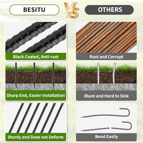 Besitu 24 inches J Hook Rebar Stakes (16-Pack), Extra Long Garden Stakes with Chisel Point End Steel Rebar Ground Stakes for Tent Chain Link Fence and Outdoor Decorations Black Coated