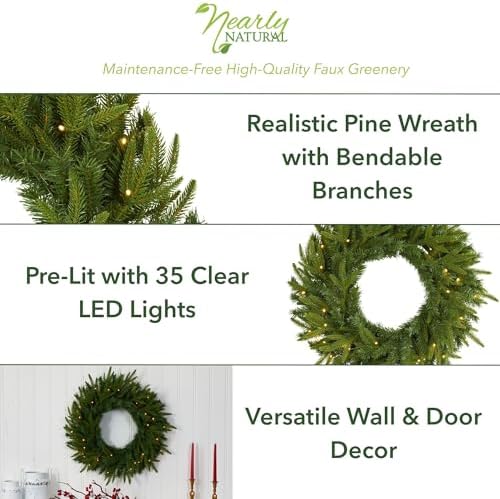 Nearly Natural 24 in Artificial Long Pine Wreath with 35 Clear LED Lights