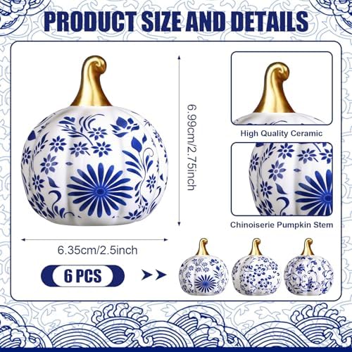 DoubleFill 6 Pcs Blue and White Ceramic Pumpkins Classic Fall Table Decor