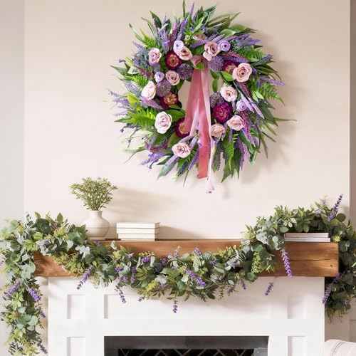 24 Inch Spring Summer Wreaths for Front Door Outside,Mantel,Porch&Entryway
