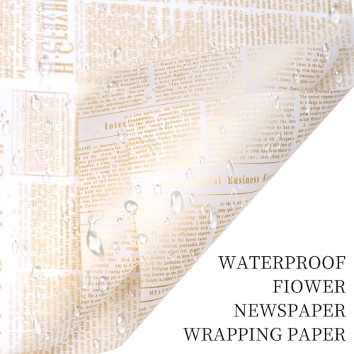 LeZakaa 20 Sheets Newsprint Flower Wrapping Paper, Waterproof Floral Bouquet Paper, White & Gold Newsprint Design for Valentine's Day, Mother's Day, Birthday Party, Bridal Shower, Wedding, Baby Shower