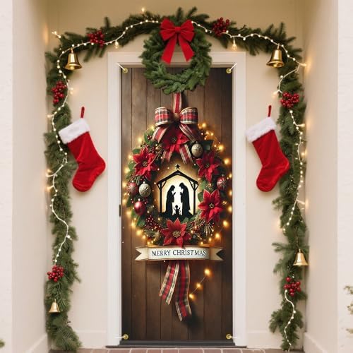 Nativity Scene Poinsettia Plaid Bow Christmas Door Cover 35x71in