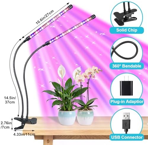 Indoor Plant Grow Light, Full Spectrum Clip Plant Lamp with Red, Blue, White Light, Plant Growing Light with Adjustable Gooseneck, 4/8/12/18H Timer, 10 Brightness Levels, 3 Lighting Modes, 2 Head