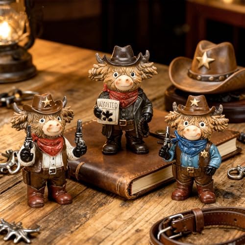 3 Pcs Highland Cow Resin Figurine, Western Cowboy Decor