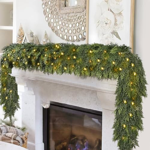 6FT Cedar Christmas Garland with Light, Extra Full Artificial Cedar Garland with 840 Tips, LED Lights with 8 Modes, Holiday Garland for Mantel, Staircase, Doorway