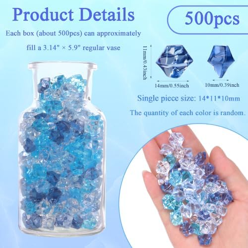 YATOJUZI 500PCS Acrylic Vase Filler Gradient Blue Decorations Deep Blue Fake Ice Cubes Crushed Rocks Plastic Diamonds Gems for DIY Party Centerpiece Table Scatter Display 0.5"