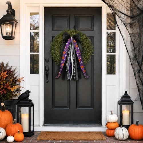 Halloween Wreath Sash Front Door Ribbon Bow Purple Streamer Decor