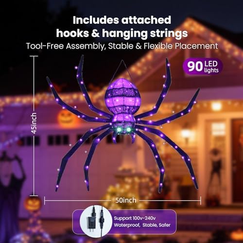 4.2FT Hanging Spider Halloween Decorations Outdoor, 90 LEDs