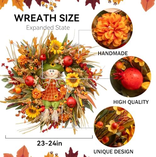 Fall Wreath for Front Door, 24 Inch Autumn Wreath for Front Door