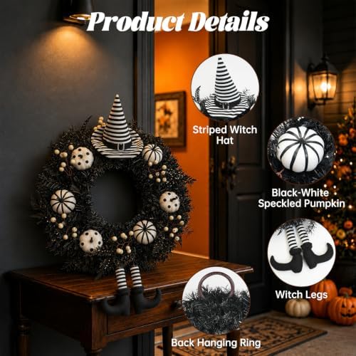 26" Halloween Wreaths for Front Door with Hat, Legs, Pumpkins