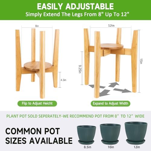 2 Packs Adjustable Plant Stand with Tray,Indoor Wood Plant Stand Fit 8'' to 12'' Planter,Mid Century Modern Flower Pot Holder Rack(Plant and Pot Not Included) Natural