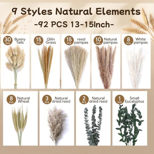 Bpole 92 Pcs Dried Pampas Grass, 13-15 inch Natural Pompas Boho Decor