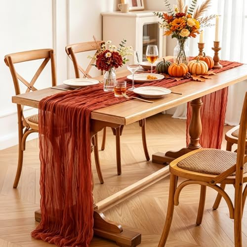 6Pcs Fall Table Runner, 10FT Thanksgiving Cheesecloth Table Runner 35*120inch Terracotta Table Runners for Fall Wedding Baby Shower Friendsgiving Thanksgivig Home Kitchen Table Decorations