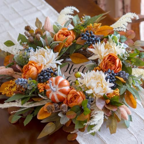 Harvest Fall Wreaths for Front Door 24 Inch Autumn Wreath with Rose&Dahlias