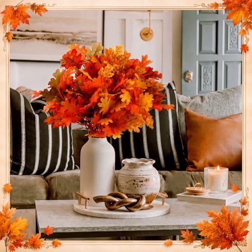 Tigeen 8Pcs Fall Leaves Faux Maple Leaves Stems Thanksgiving Decor, Retro