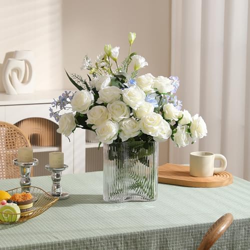 White Fake Roses Artificial Flowers - 10 Pcs Fake Artificial Roses Silk Flowers with Stems for Home Wedding Hotel Office Centerpiece Decor