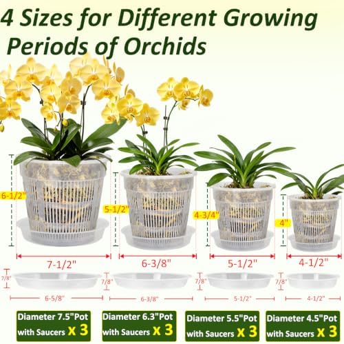 12Pcs Orchid Pot, 3 Each of 4.5, 5.5, 6.3 and 7.5 Inch Orchid Pots with Holes and Saucers, Clear Orchid Pots for Repotting, Plastic Plant Pot(3 Each of 4.5,5.5, 6.3,7.5in with Saucers)