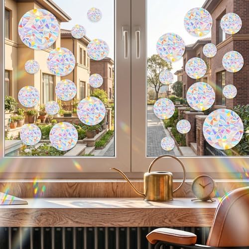 65Pcs Circle Window Stickers Non Adhesive Window Decals to Prevent Bird Strikes Vinyl Reusable Prism Rainbow Windows Clings for Birds Sun Catcher Sticker