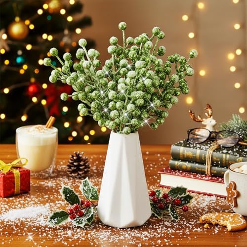Geosar 30 Pieces Artificial Christmas Berry Picks with Snowflake Glitter Holly Berry Stems for Christmas Tree Ornaments Vases DIY Crafts Wedding Party Holiday Decor(Glitter Green)