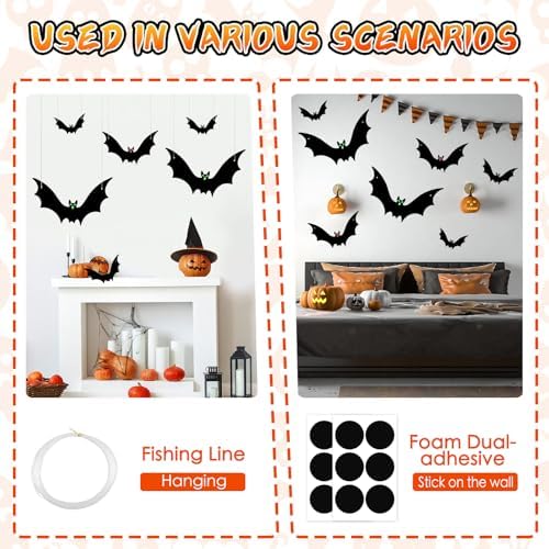 12 Pack Hanging Bats Halloween Decorations, 3 Sizes Flying Bat Decor