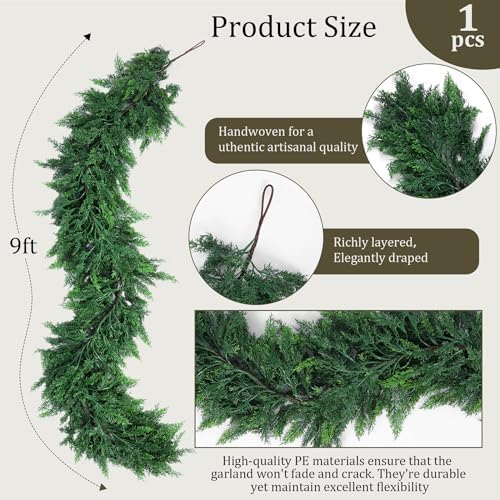 Hananona 9 FT Christmas Garland, Real Touch Cedar Garlands, 1 Pcs