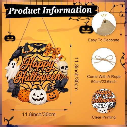 Halloween Wreath for Front Door Wooden Ghost Pumpkin Door Sign Wall Decor